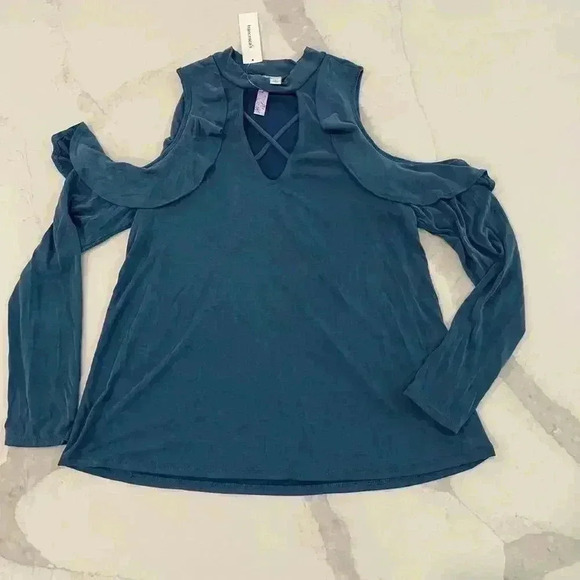 Francescas NWT Alya Blue Cold Shoulder Ruffle Long Sleeve Blouse Women’s Small - Picture 1 of 8